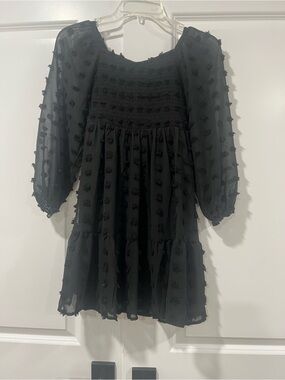 Girls' Black Swiss Dot Smocked Casual Dress